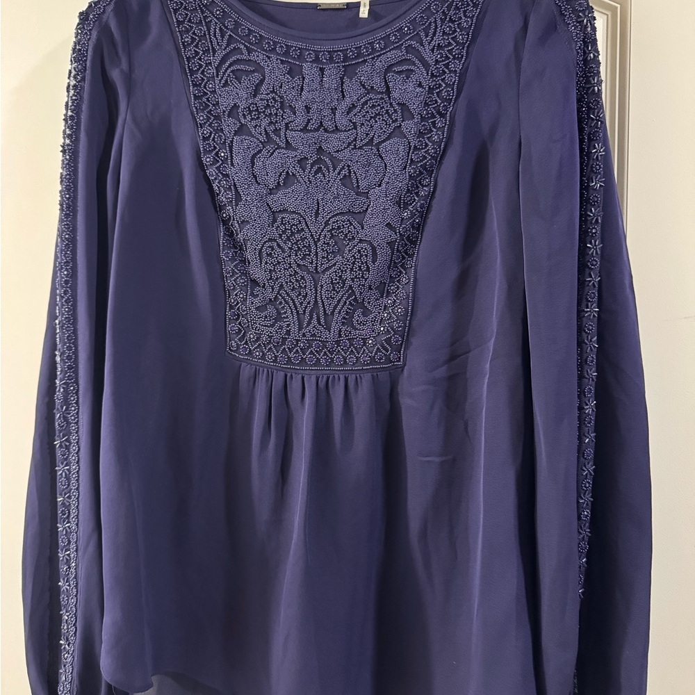 Elie Tahari Franca Silk Blouse Womens Small Beaded Deep Amethyst Long Sleeve